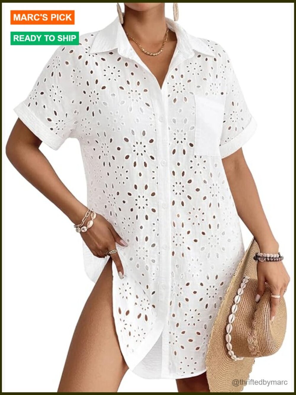 Eyelet Hollow Out Swimsuit Cover Up Button Down Beach Shirt Dress